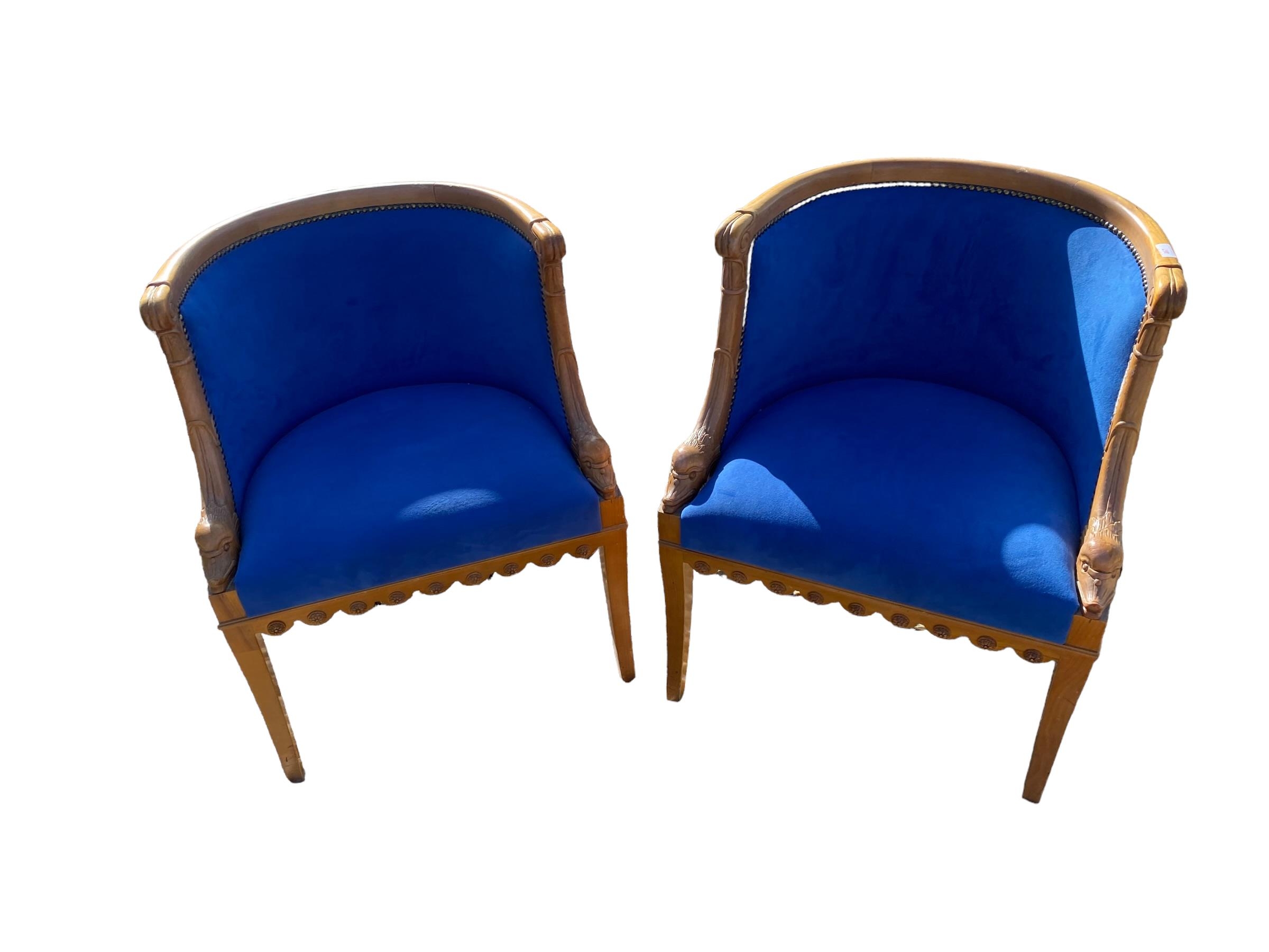 Pair of French walnut tub chairs, with studded blue upholstery, swan decoration, on square legs, - Image 2 of 2