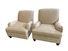Pair of modern upholstered reclining arm chairs by Ethan Allen, in a cream Greek key style