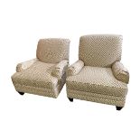 Pair of modern upholstered reclining arm chairs by Ethan Allen, in a cream Greek key style