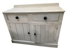 Pine painted two door cupboard, with two drawers and black knob handles, 120cmW x 92cmH x 54cmD