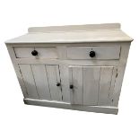 Pine painted two door cupboard, with two drawers and black knob handles, 120cmW x 92cmH x 54cmD