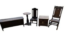 Five pieces of small oak furniture, A small narrow oak coffer, two gothic style oak chairs and a