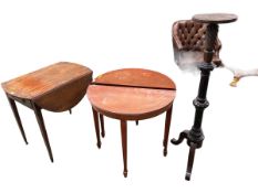 Mahogany drop leaf table, Oak drop leaf table, mahogany Pembroke table, and two D ends, and a