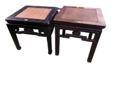 Two C19th Style Chinese hardwood side tables with rattan tops and carved pierced friezes, 50 x 53