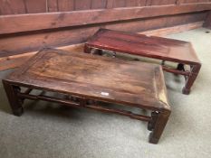 Two similar C19th Style Chinese low tables each with decorative carved and pierced frieze, 90 x 43 x