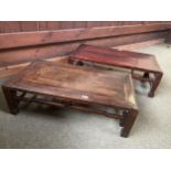 Two similar C19th Style Chinese low tables each with decorative carved and pierced frieze, 90 x 43 x