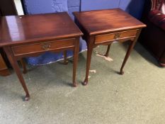 Pair of modern reproduction, single drawer side tables with tapered legs to pad feet
