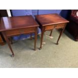 Pair of modern reproduction, single drawer side tables with tapered legs to pad feet