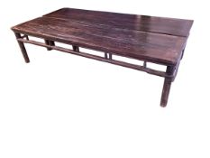 A pair of C19thc style Chinese hardwood benches 206 x 51 x 53cm small splits to plank top edges, The