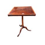 A Sheraton revival mahogany inlaid envelope card table, tapering column support on trefoil base,