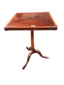 A Sheraton revival mahogany inlaid envelope card table, tapering column support on trefoil base,