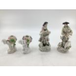 Pair of Derby Porcelain figures, gentleman playing bagpipes together with a lady carrying flowers
