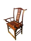 A C19th Style Chinese hardwood Yumu-Xale back, lamp hanger arm chair, curved slat back with