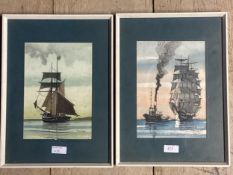 Tony Warren (British XX) Two watercolour and ink of nautical scenes, in glazed frames, 24 x 16cm