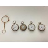 A collection of four sterling silver ladies pocket watches, together with a pair of yellow metal