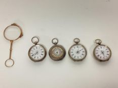 A collection of four sterling silver ladies pocket watches, together with a pair of yellow metal