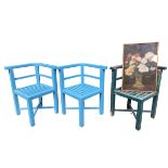 Three Heals garden chairs, curved seats with slat backs some wear and a picture of a still life