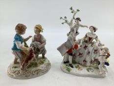 Two Meissen style figural groups, blue crossed sword mark to base. Largest is 19cm H