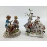 Two Meissen style figural groups, blue crossed sword mark to base. Largest is 19cm H