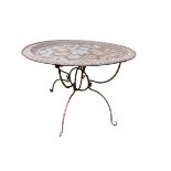 A large South Asian copper circular table on wrought metal stand 95diameter x 60cmH
