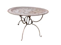 A large South Asian copper circular table on wrought metal stand 95diameter x 60cmH