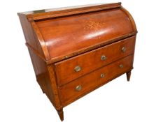 Late C19th/early C20th French cherrywood cylinder top desk ,with fruit wood inlaid decoration,