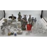 A mixed collection of ceramics and glassware to include Staffordshire figures, Blanc de Chine, Birds