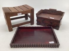 A small Chinese wooden desk tidy together with a hardwood tray and s small stool