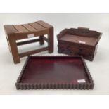A small Chinese wooden desk tidy together with a hardwood tray and s small stool