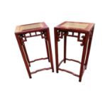 Pair of tall modern Chinese red coloured stands, with inset top 45cm W x 35cm D x 85cm H