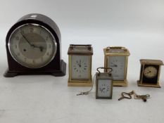 Collection of 4 carriage clocks, and a 1930s 8 day mantle clock with Bakerlight case