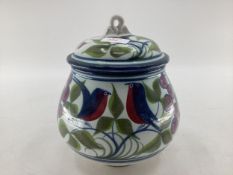 Alan Caiger-Smith, lidded vase with stylised bird and fruit decoration, monogrammed to base, 22cm