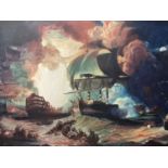 M Topham (British XX), oil on canvas of a maritime battle scene, in gilt ebonised frame, 60x 90cm