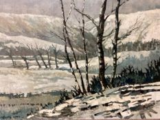 William Griffin, British, (XX), oil on canvas with board backing, of snowy scene un framed, 45 x 60