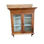 Edwardian hanging cabinet with moulded cornice, two glazed doors opening to real two adjustable