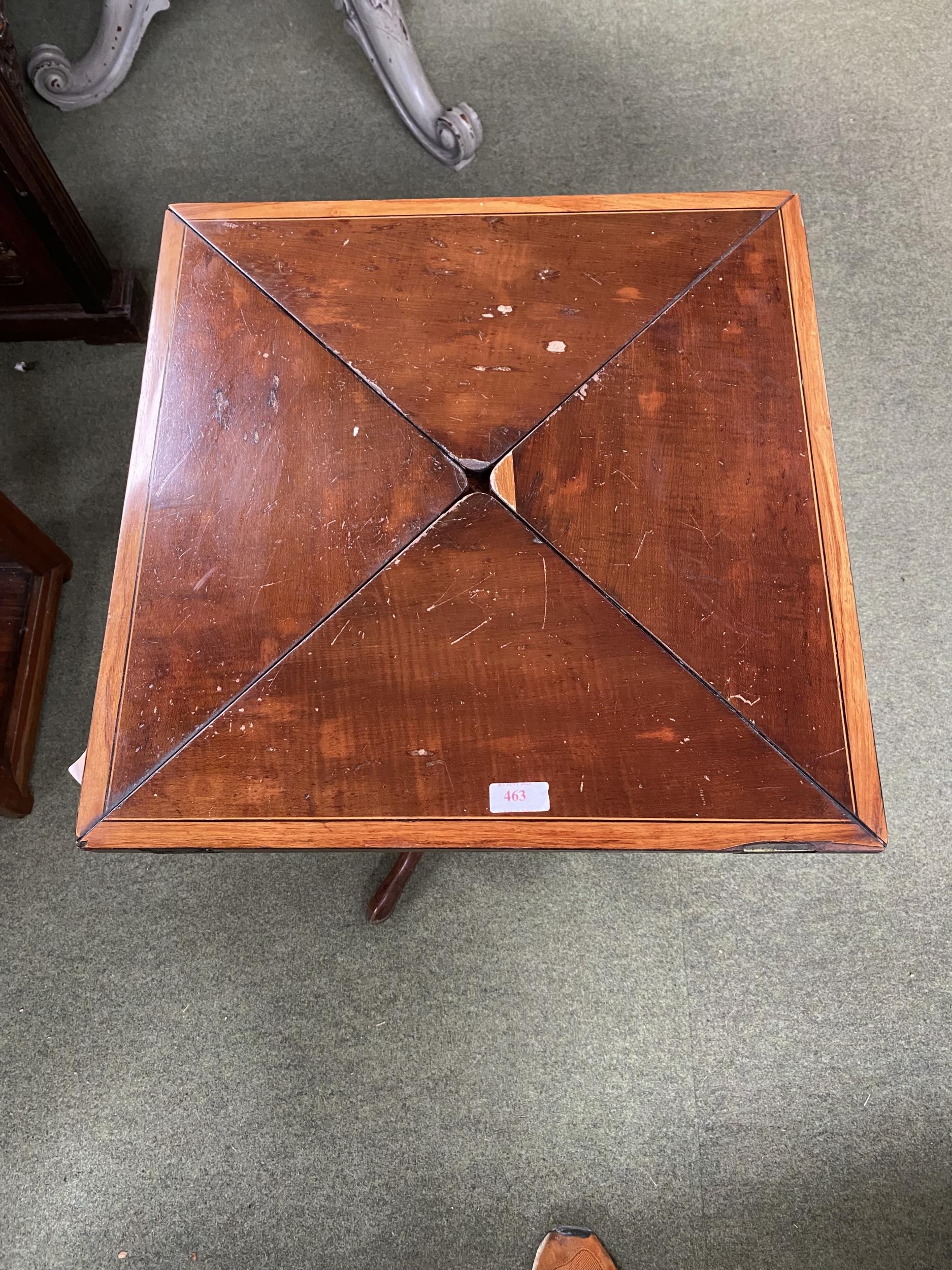 A Sheraton revival mahogany inlaid envelope card table, tapering column support on trefoil base, - Image 3 of 3