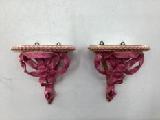 Pair of Royal Worcester Style ceramic wall brackets with pink ribbon and gilt decoration 15cm x 10cm