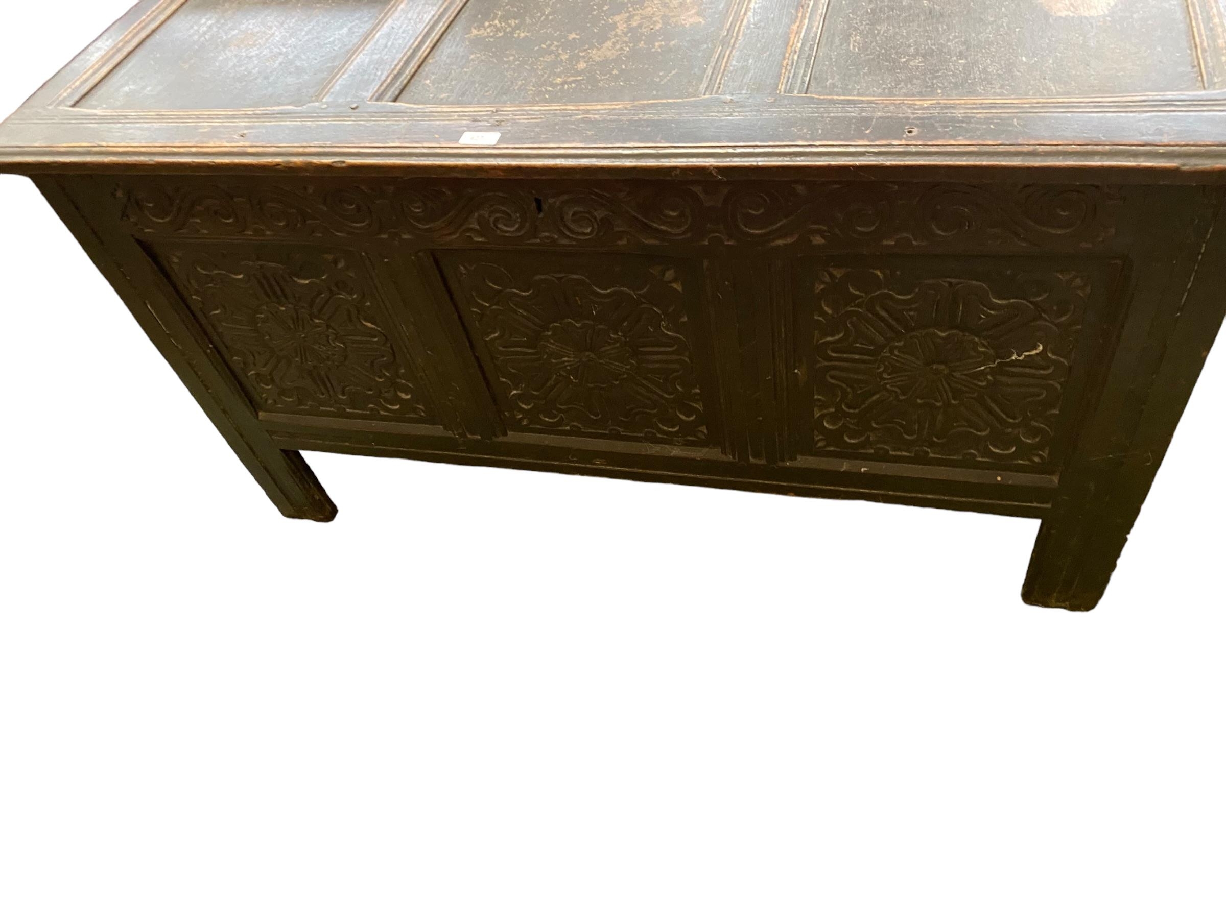 A late C19th/early C20th oak coffer with three carved panels to front, 129L x 56D x 70H - Image 2 of 3