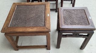 Two C19th style square Chinese hard wood side tables with inset rattan tops, 54 x 49 and 48 x 49cm