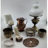 Collection of metalware to include a Newlyn style tray a lidded copper jug, 2 small brass