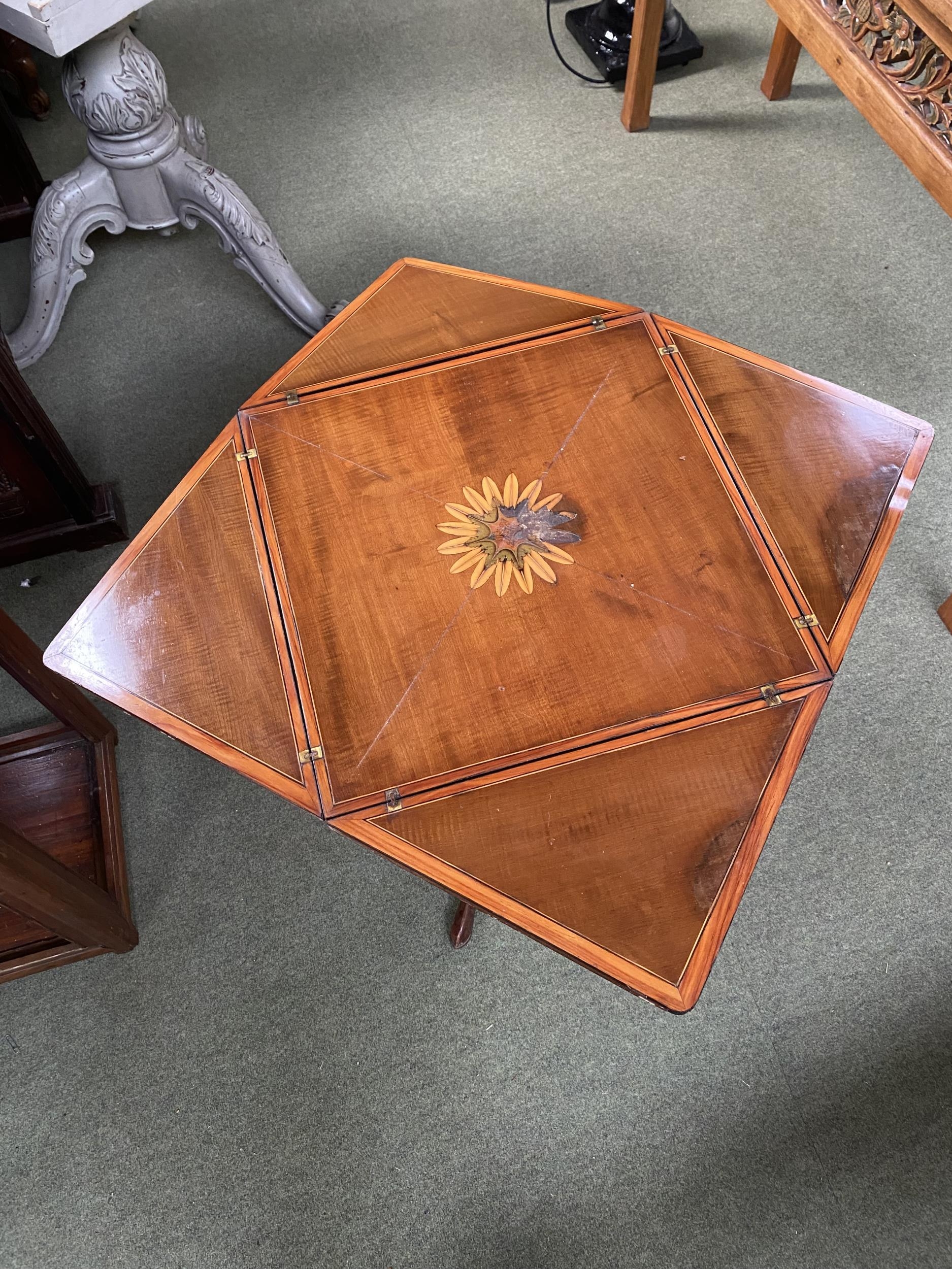 A Sheraton revival mahogany inlaid envelope card table, tapering column support on trefoil base, - Image 2 of 3