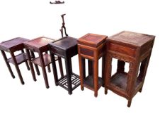 Five C19th Style Chinese hardwood jardiniere stands or side tables, various sizes and decoration