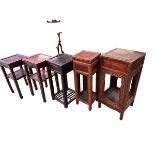 Five C19th Style Chinese hardwood jardiniere stands or side tables, various sizes and decoration