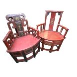 Two similar C19th Style Chinese red lacquered chairs, S-shaped slat backs to rectangular seats,