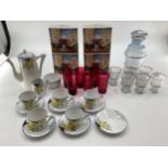 A metalware coffee set, and a set of 6 cranberry glass tumblers, a vintage glass and decanter set