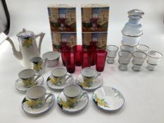 A metalware coffee set, and a set of 6 cranberry glass tumblers, a vintage glass and decanter set