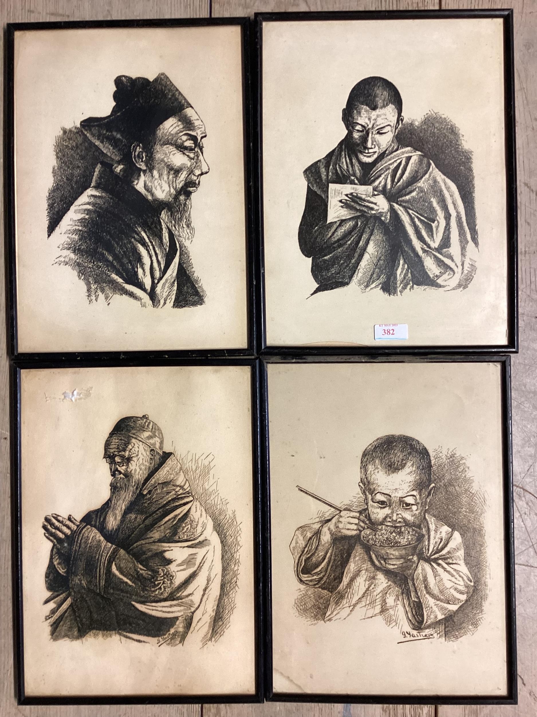 A set of four oriental etching prints, and