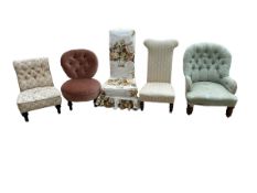 5 small upholstered chairs, including 2 high backed prieu Dieu style, a small buttoned back pink,
