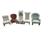 5 small upholstered chairs, including 2 high backed prieu Dieu style, a small buttoned back pink,