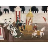 A South East Asian hand painted scene on fabric, depicting Thai Buddhist narrative, 72 x 92.5cm